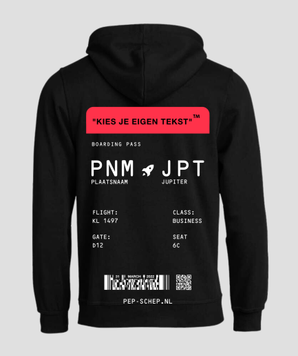 boardingpass hoodie zwart - boardingpass hoodie jupiter - beste hoodie voor na een rave - lekkere warme hoodie voor festivals