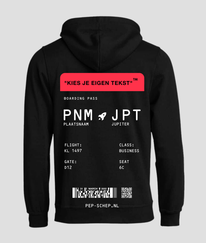 boardingpass hoodie zwart - boardingpass hoodie jupiter - beste hoodie voor na een rave - lekkere warme hoodie voor festivals