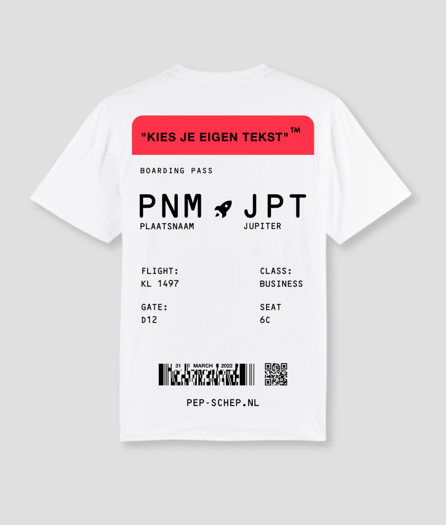 boardingpass shirt wit - festival kleding boardingpass jupiter - boardingpass eigen plaatsnaam naar jupiter