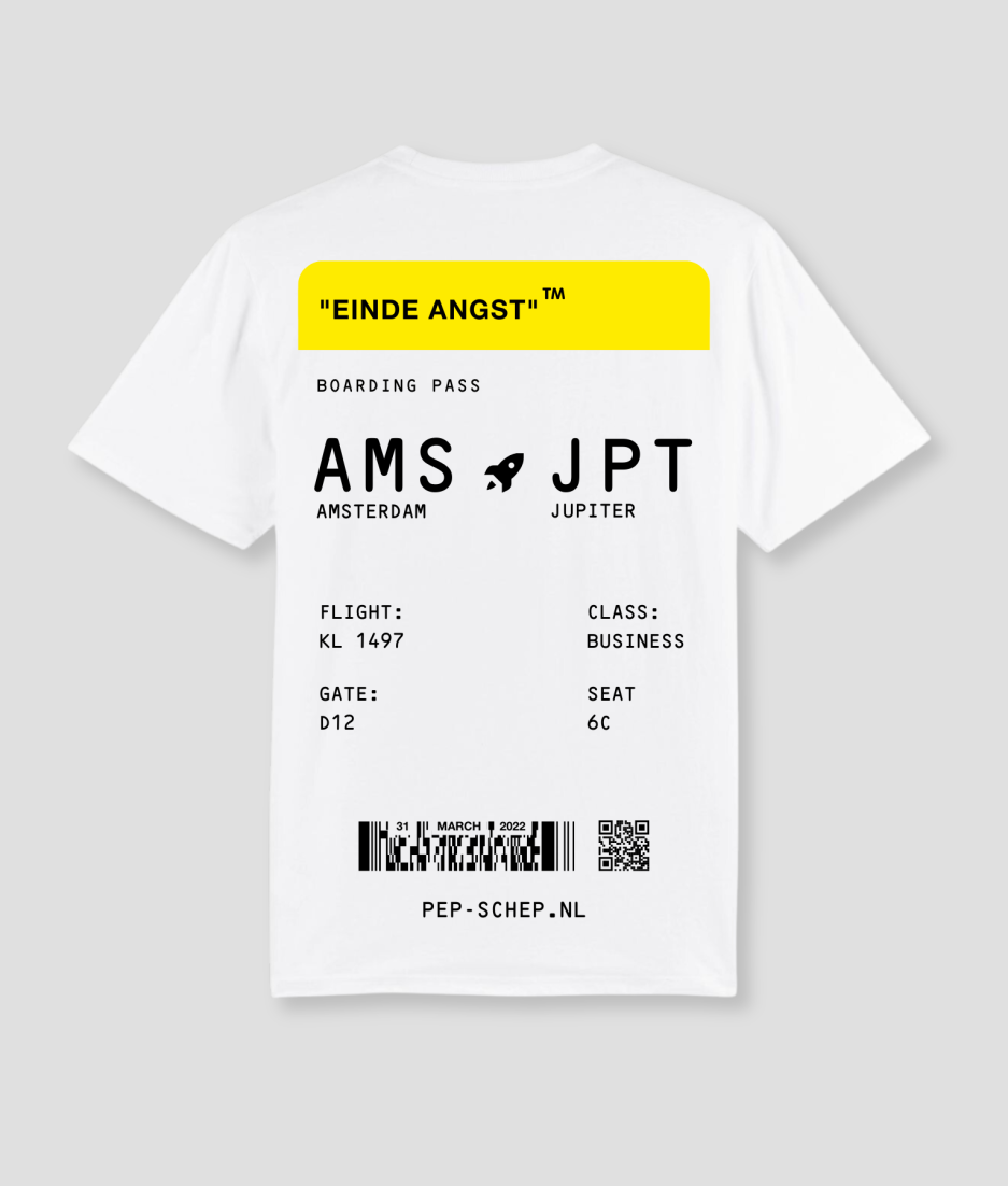 boardingpass shirt wit met geel - pepschep tshirt - pep schep tshirt boardingpass - boardingpass jupiter tshirt