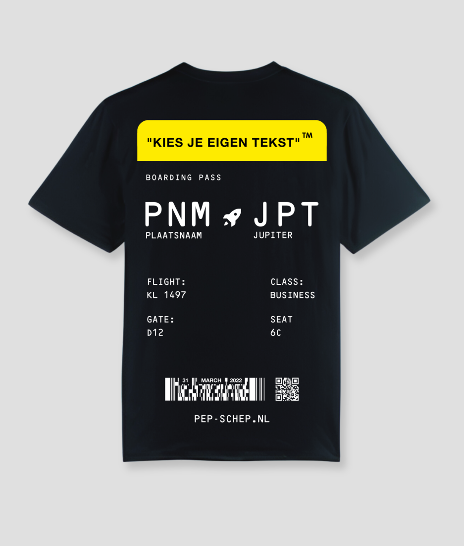 boardingpass shirt zwart met geel - boardingpass shirt festivals jupiter - eigen plaatsnaam naar jupiter