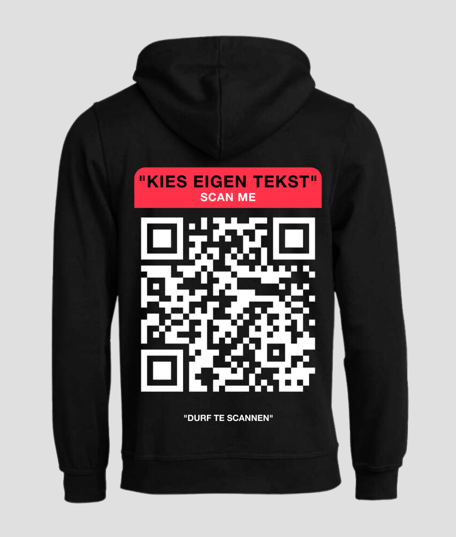 scan me hoodie zwart - beste festival hoodie qr code eigen socials