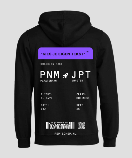 boardingpass hoodie zwart met paars - festivalwinkel online - festival kleding online - festival hoodie