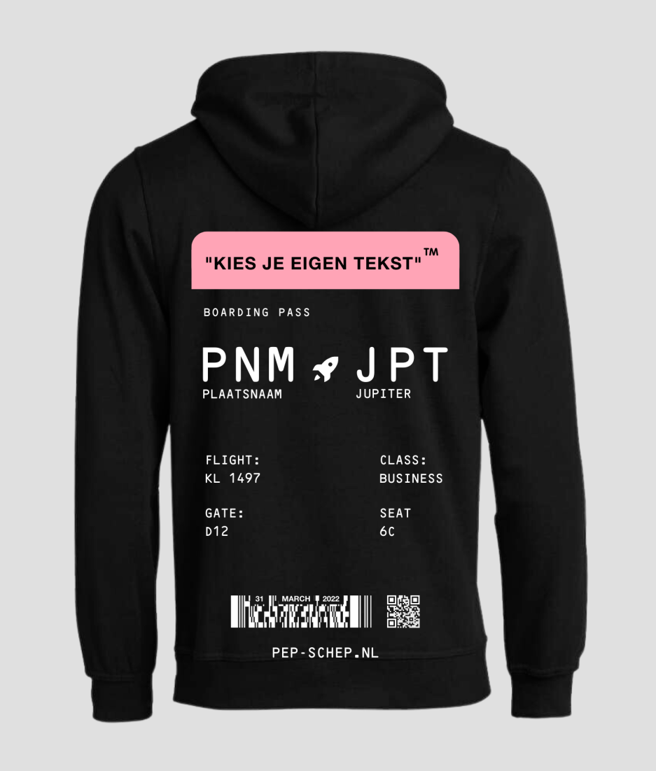 boardingpass hoodie zwart met roze - rave outfit - beste tachno kleding hoodie