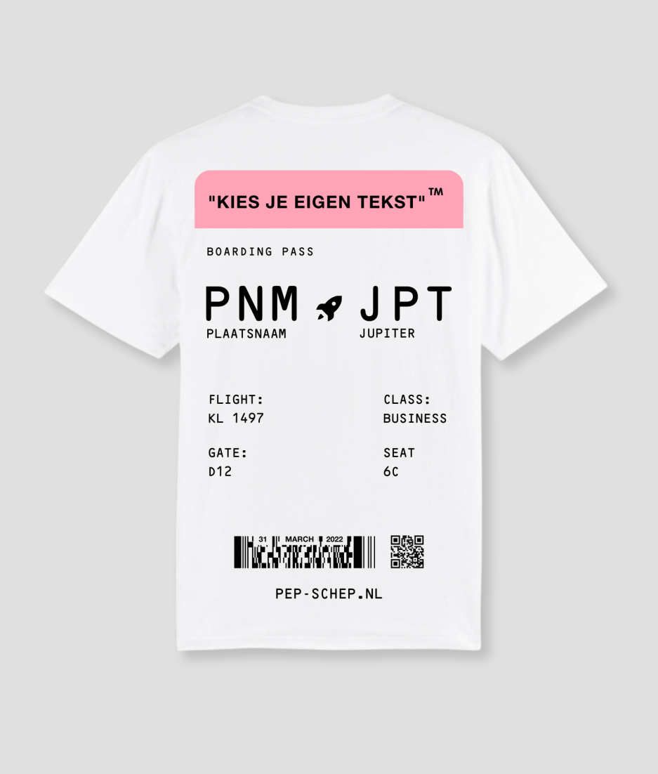 boardingpass tshirt wit met roze - betaalbare rave tshirts - customize je eigen festival tshirt - boardingpass tshirt jupiter