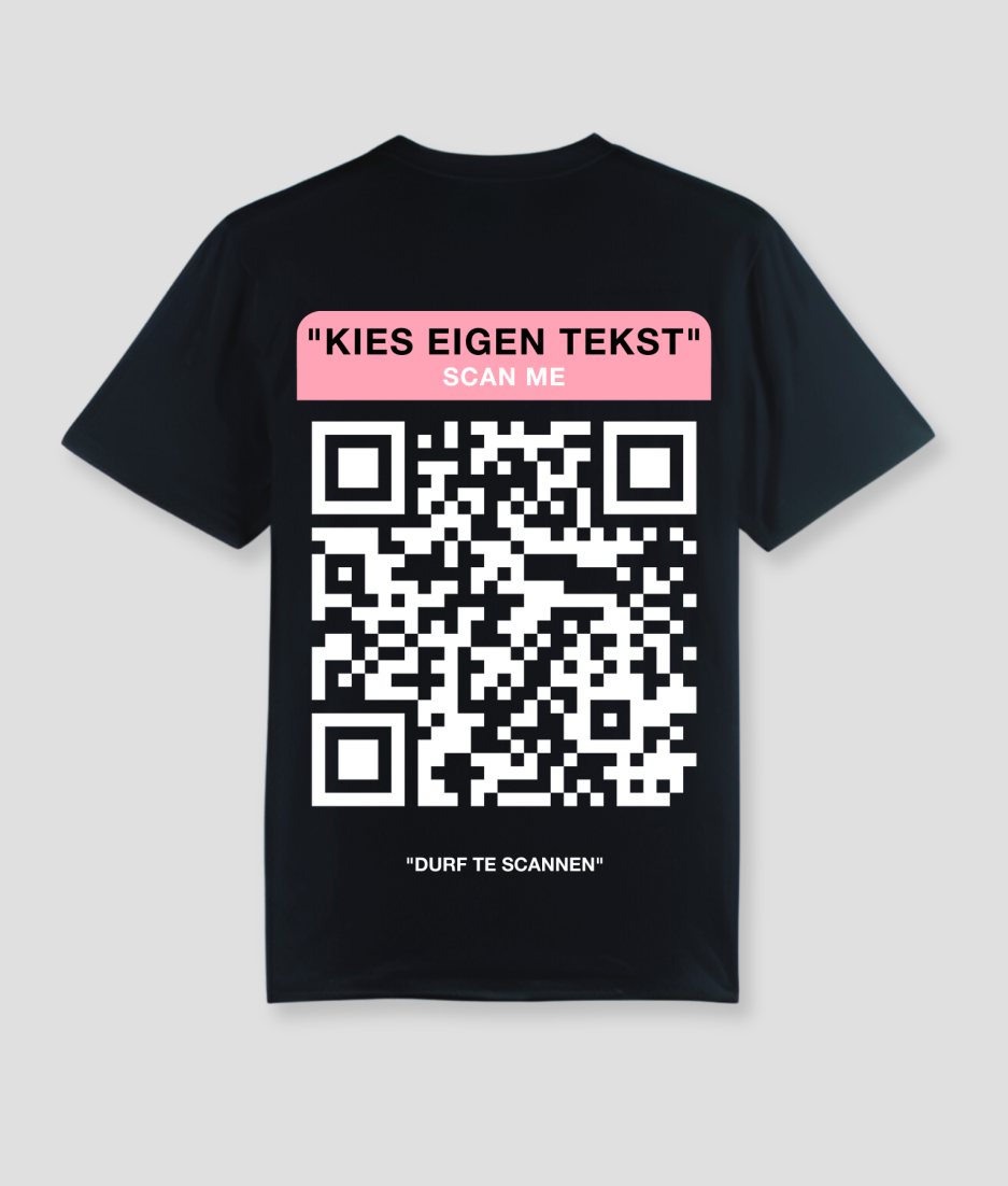 qr-code- zwart shirt - roze - techno tshirt - festivalkleding - festival tshirt