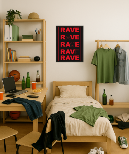 Rave poster in slaapkamer