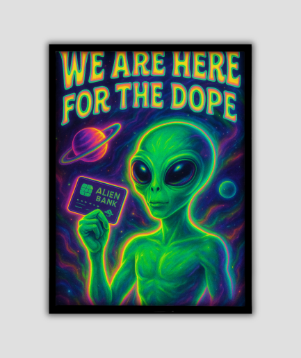 Alien met bankkaart neon kleur