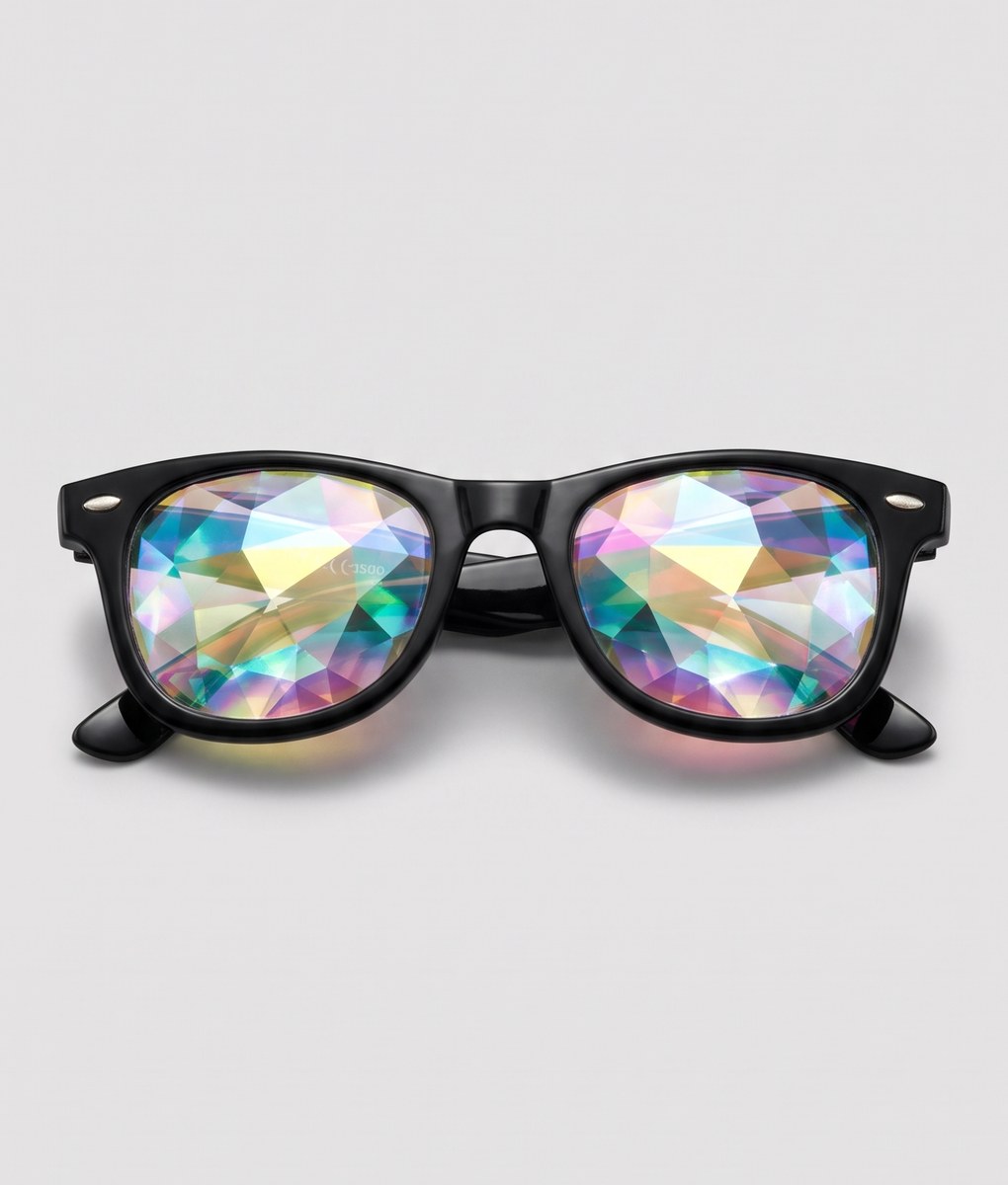Zwarte spacebril met caleidoscoop glazen voor festivals en raves