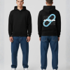 Man in zwarte hoodie voor- en achterkant met blauw oneindigheid-symbool en witte AWAKE print op de rug