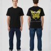 Zwart T-shirt met grote gele vlinder illustratie en Butterfly tekst herhalend in gothic lettertype met sterren op de rug