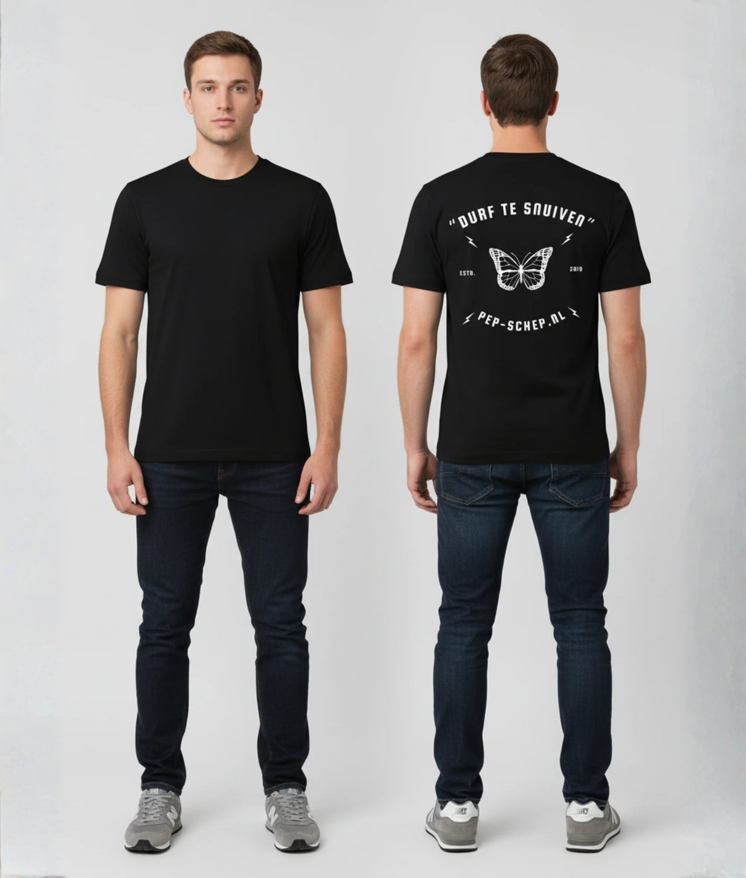Zwart T-shirt met witte vlinder illustratie, DURF TE SNUIVEN tekst in aanhalingstekens, bliksemschichten, ESTB. 2019 en PEP-SCHEP.NL tekst op de rug