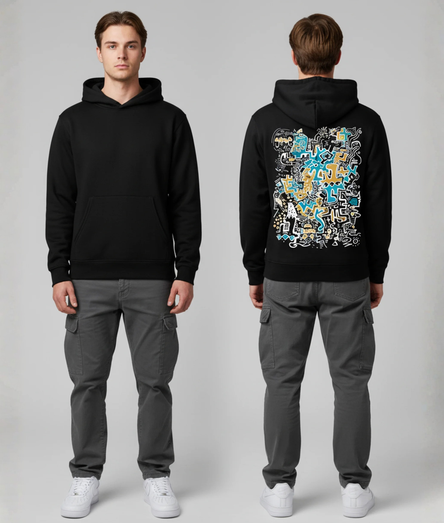 Zwarte hoodie met kleurrijke chaos doodle illustratie in geel en blauw op de rug