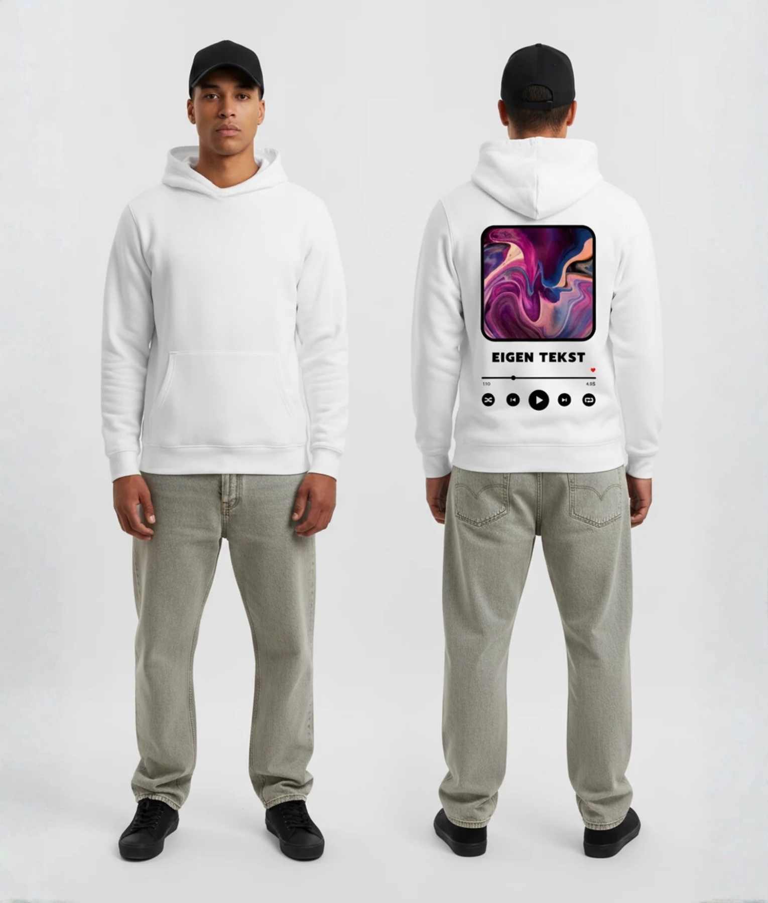 Witte hoodie met abstracte paarse print en eigen tekst op de rug