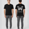 Zwart T-shirt met grote witte vlinder illustratie in tattoo-stijl en Flight of Death tekst op de rug