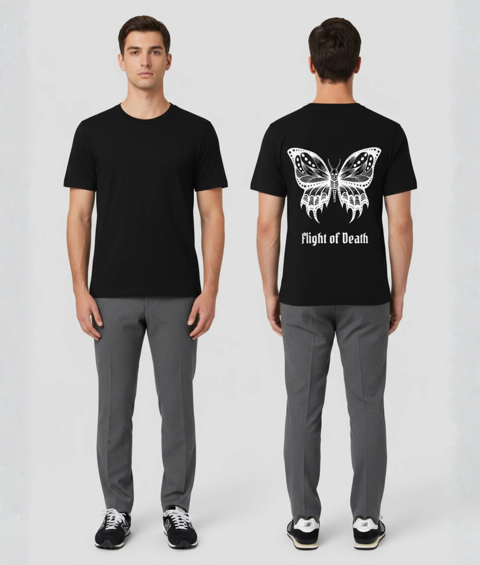 Zwart T-shirt met grote witte vlinder illustratie in tattoo-stijl en Flight of Death tekst op de rug