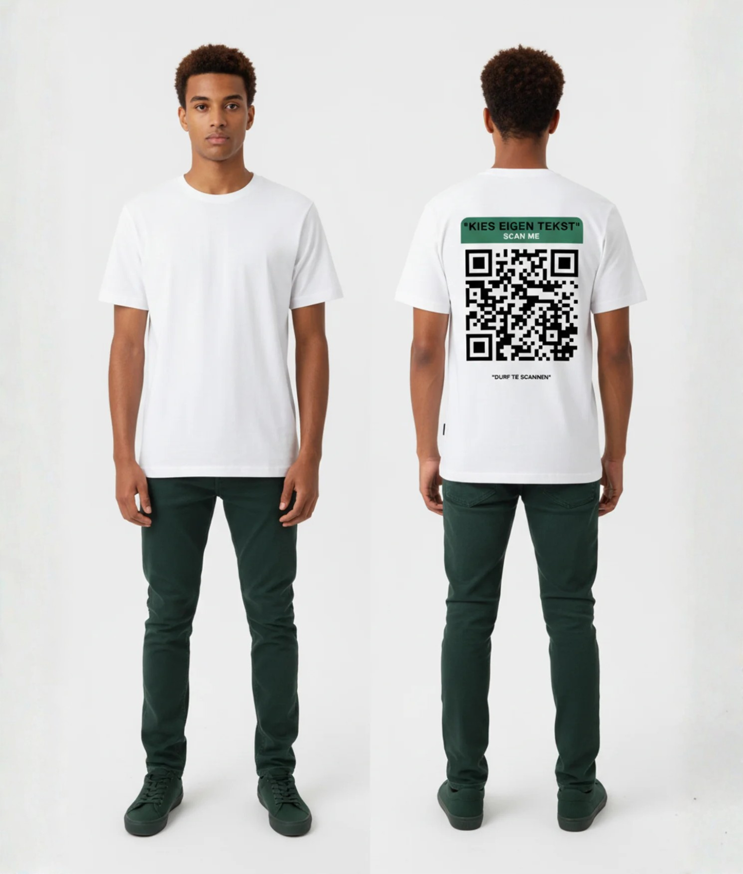 Wit T-shirt met donkergroene eigen tekst banner, grote zwart-witte QR-code en DURF TE SCANNEN tekst op de rug
