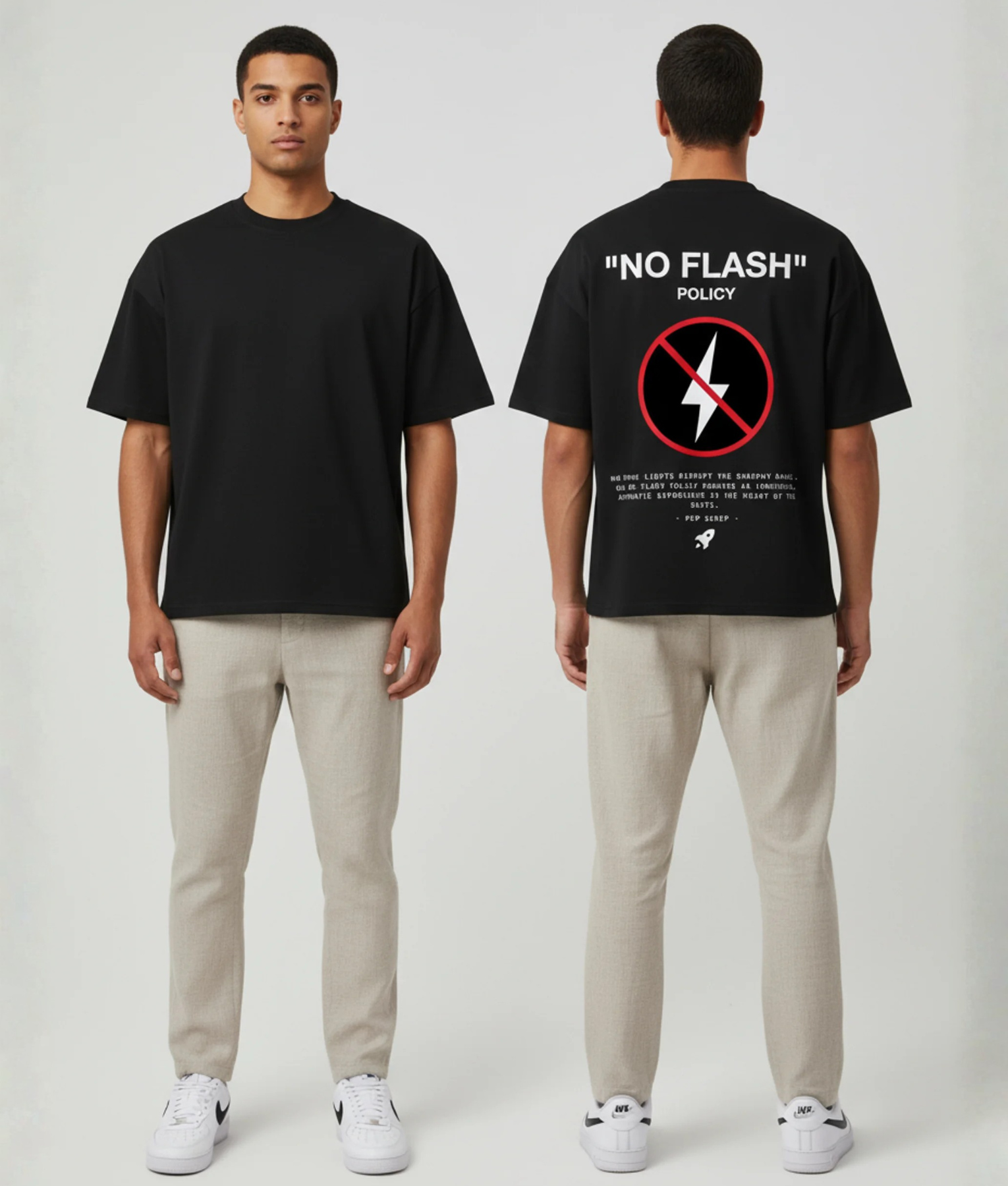 Zwart T-shirt met NO FLASH POLICY tekst en rode verbodspictogram op de rug