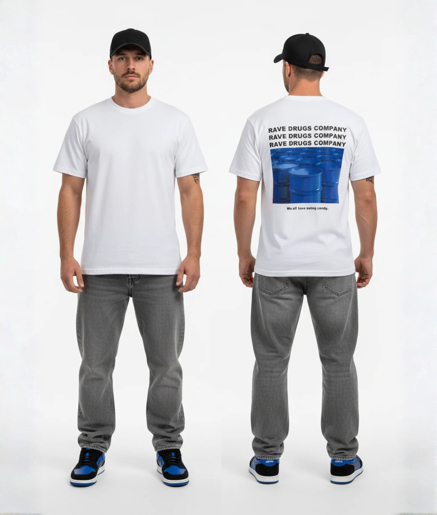 Wit T-shirt met RAVE DRUGS COMPANY tekst herhalend, foto van blauwe chemische vaten en We all love eating candy tekst op de rug
