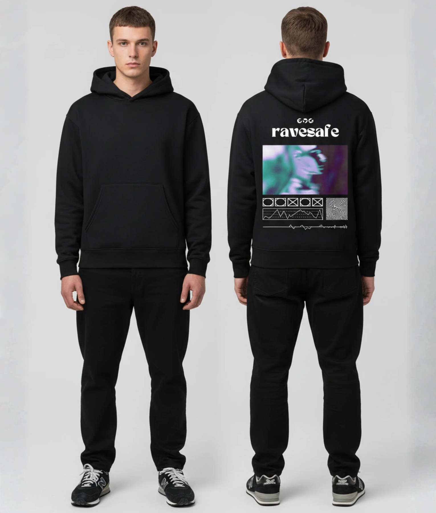 Zwarte hoodie met ravesafe tekst en abstracte groene en paarse illustratie op de rug