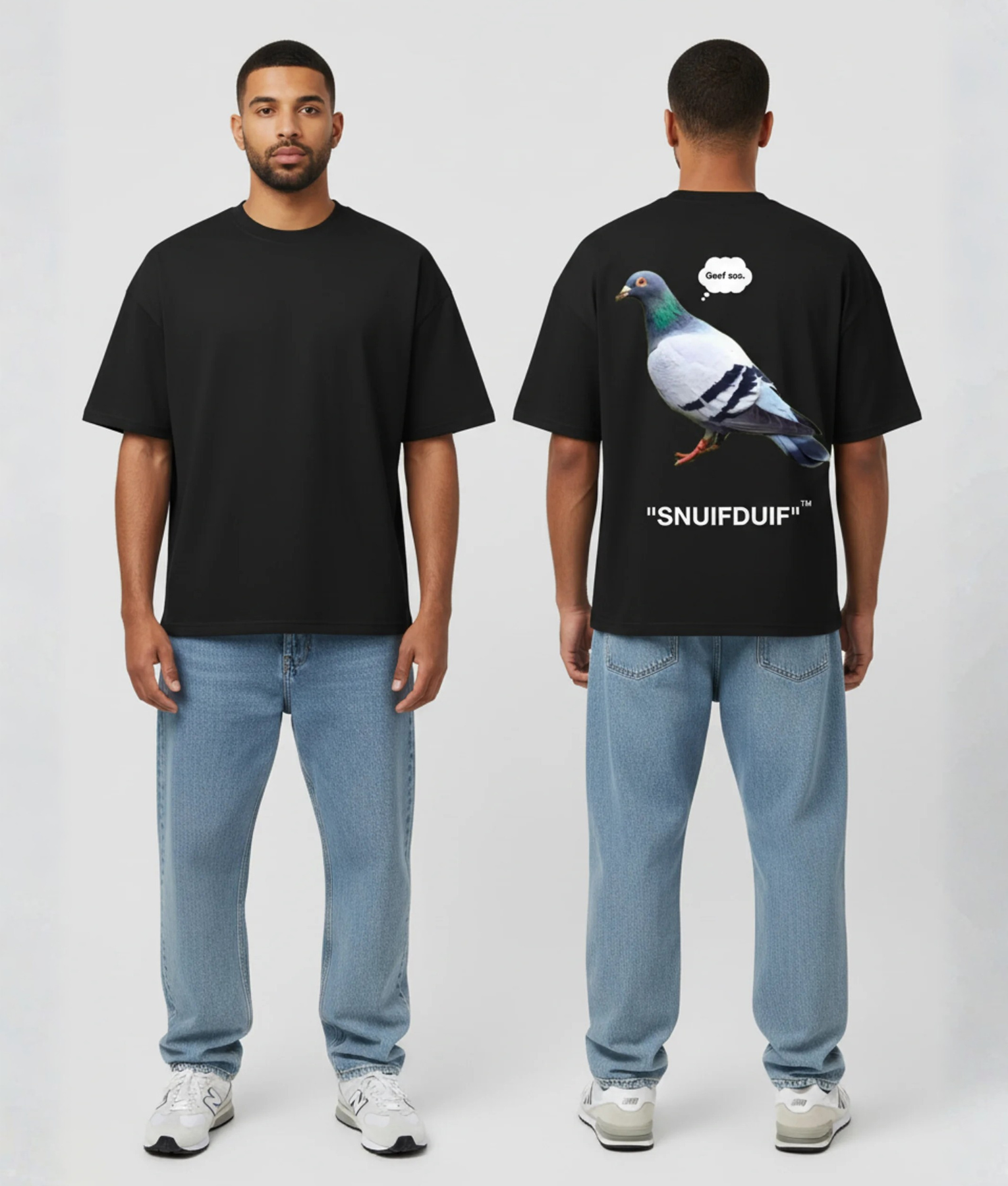Zwart T-shirt met duif illustratie en SNUIFDUIF tekst op de rug
