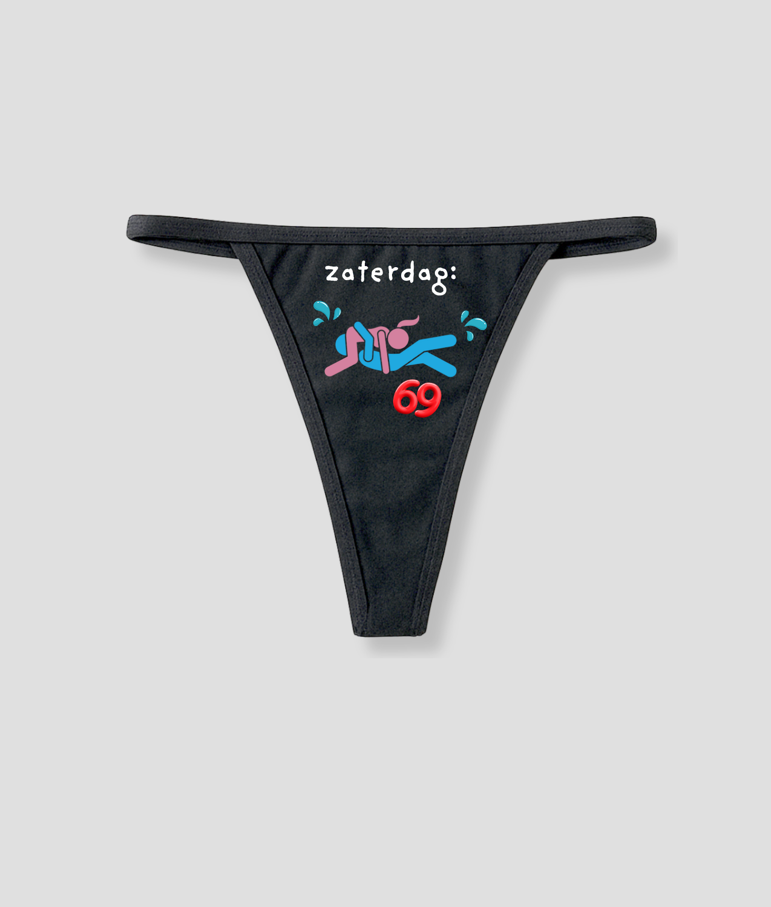 Zwarte string met grappige zaterdag tekst en seksuele illustratie onderdeel van de 7-daagse string bundel