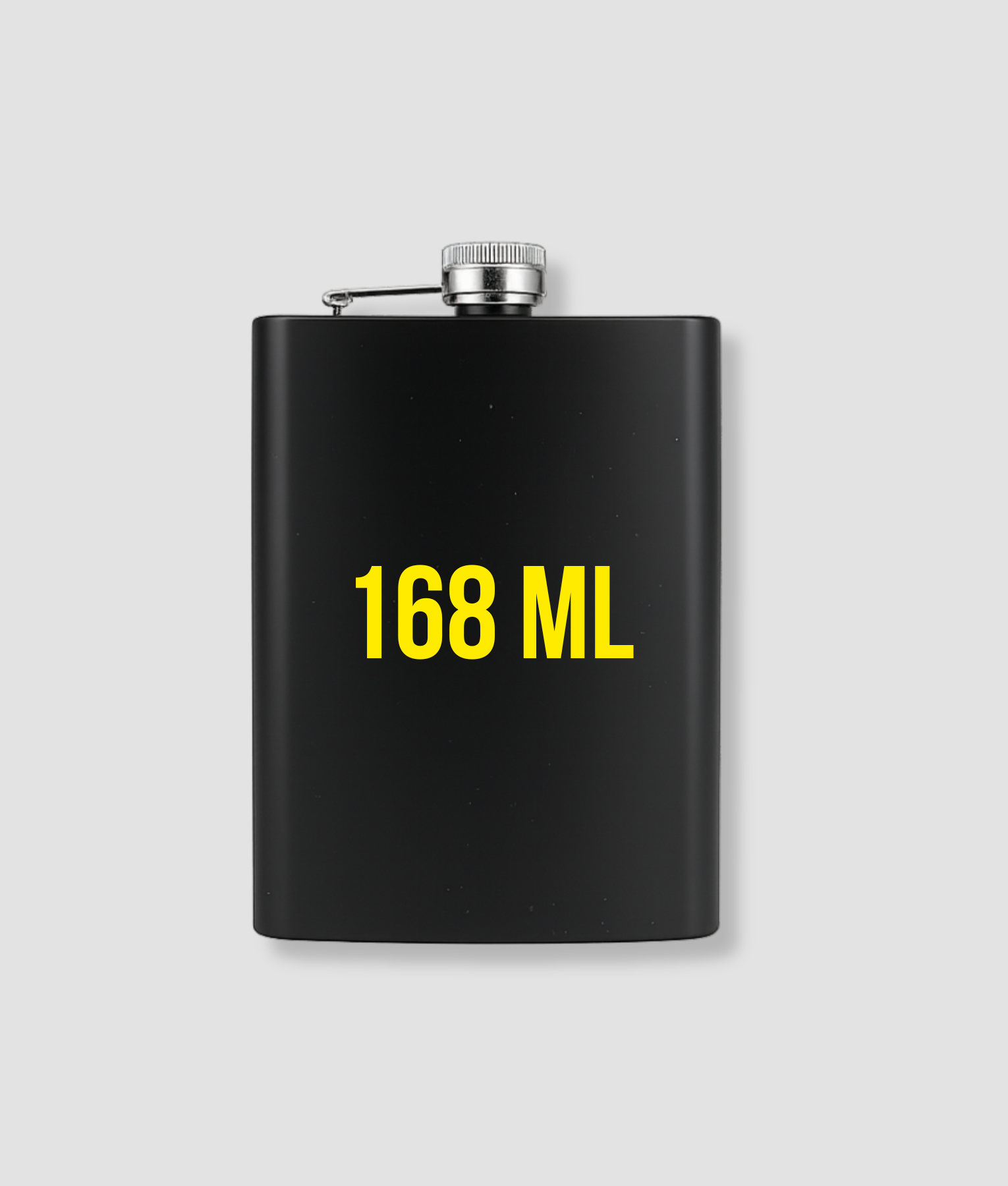 Zwarte metalen heupfles met gele tekst bedrukking 168 ML
