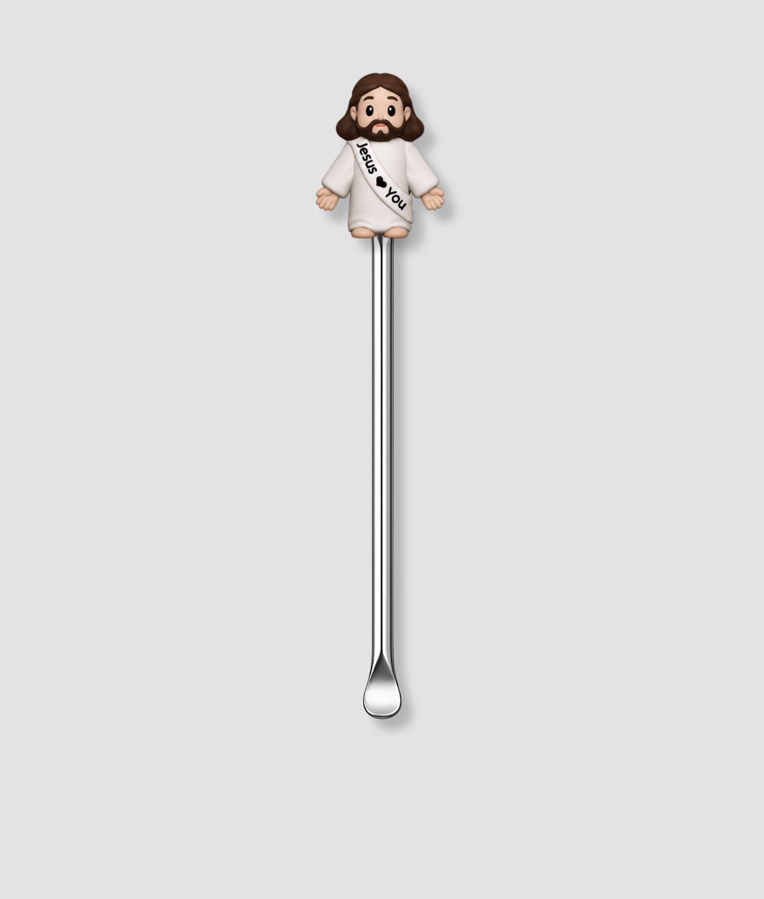 Mini schepje cocktailstirrer met grappige Jezus figuur met witte Jesus Loves You sjerp bovenop en zilveren steel