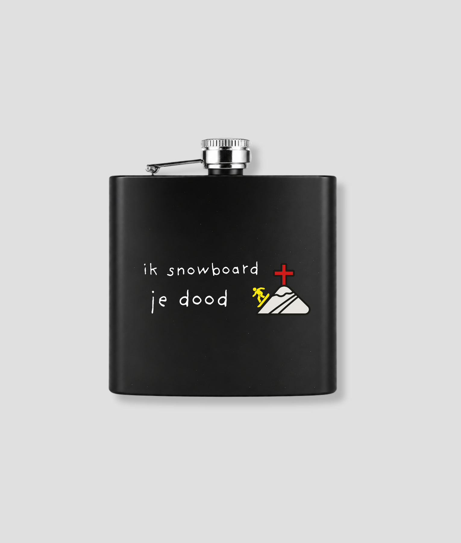 Zwarte zakfles met ik snowboard je dood tekst en illustratie van snowboarder met rood kruis voor grappig wintersport après-ski thema