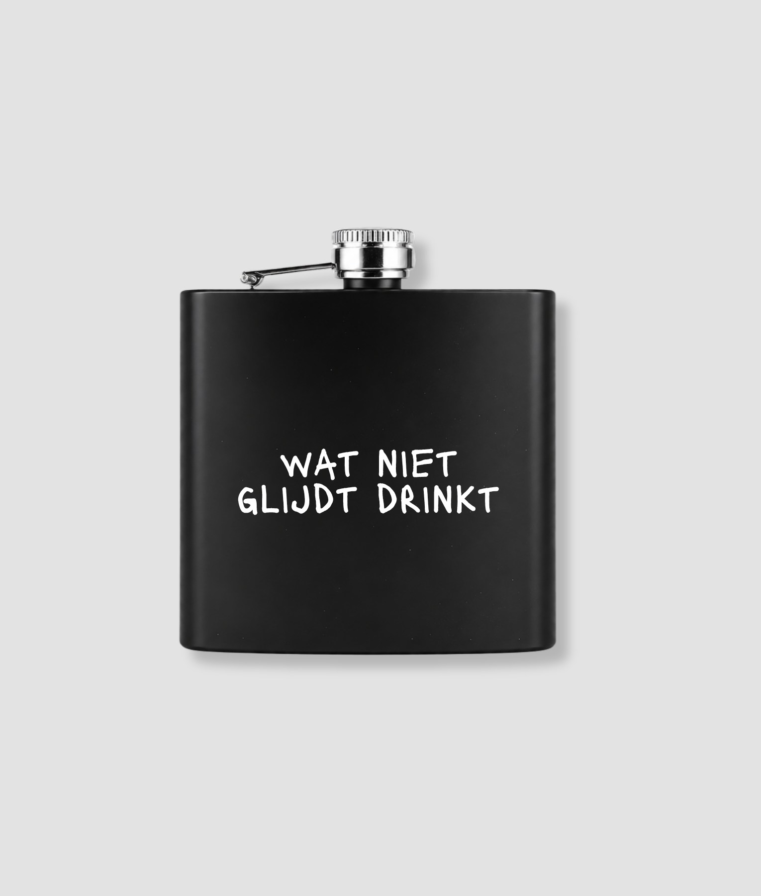 Zwarte zakfles met witte tekst bedrukking Wat niet glijdt drinkt