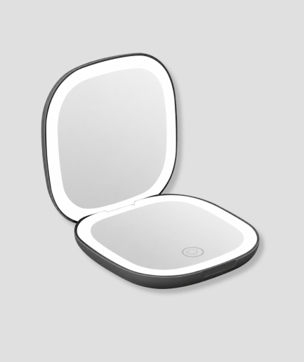 Kleine zwarte LED make-up spiegel in zakformaat, opengeklapt