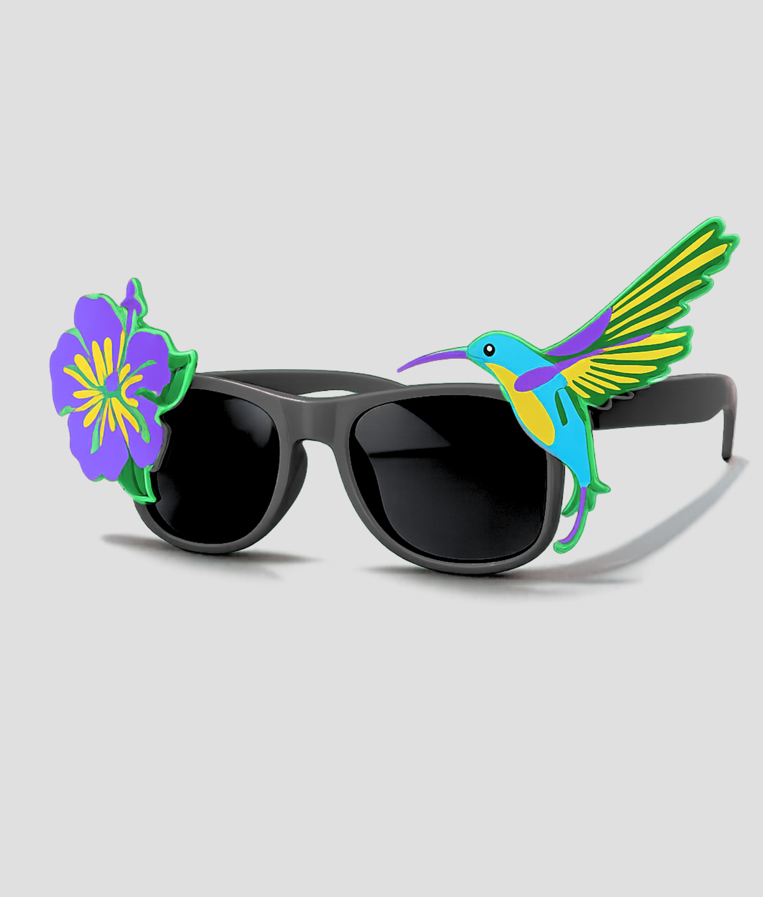 Zwarte zonnebril versierd met een kolibrie en paarse bloem