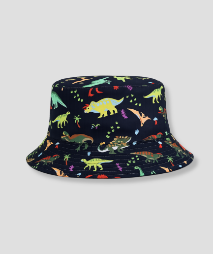 Zwarte bucket hat met kleurrijke print van dinosaurussen en palmbladeren