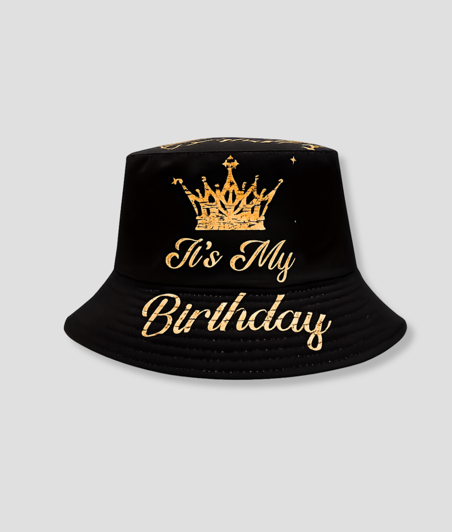 Zwarte bucket hat met gouden kroon verjaardagsprint