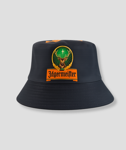 Zwarte bucket hat met hertenkop logo print