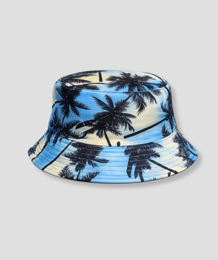 Blauwe bucket hat met print van palmboom silhouetten
