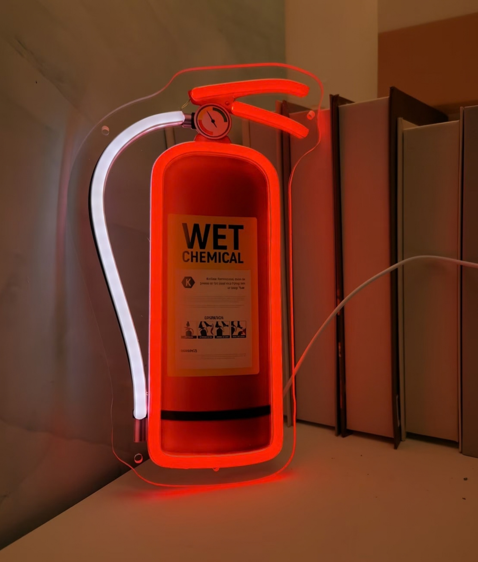 Brandblusser neon lamp, een brandblusser in rood en wit, sfeerfoto