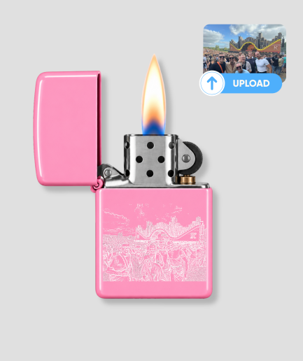 Eigen foto aansteker in roze, metaal met gravering