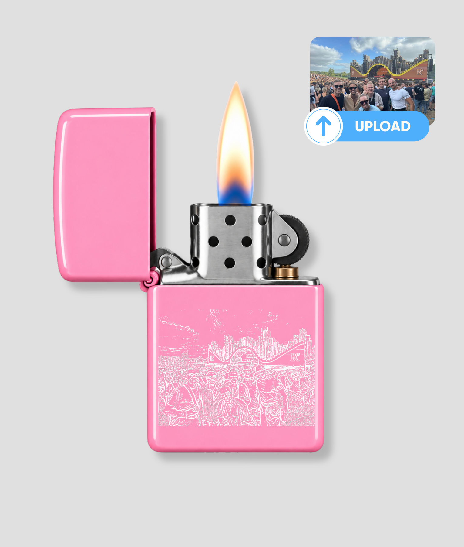 Eigen foto aansteker in roze, metaal met gravering