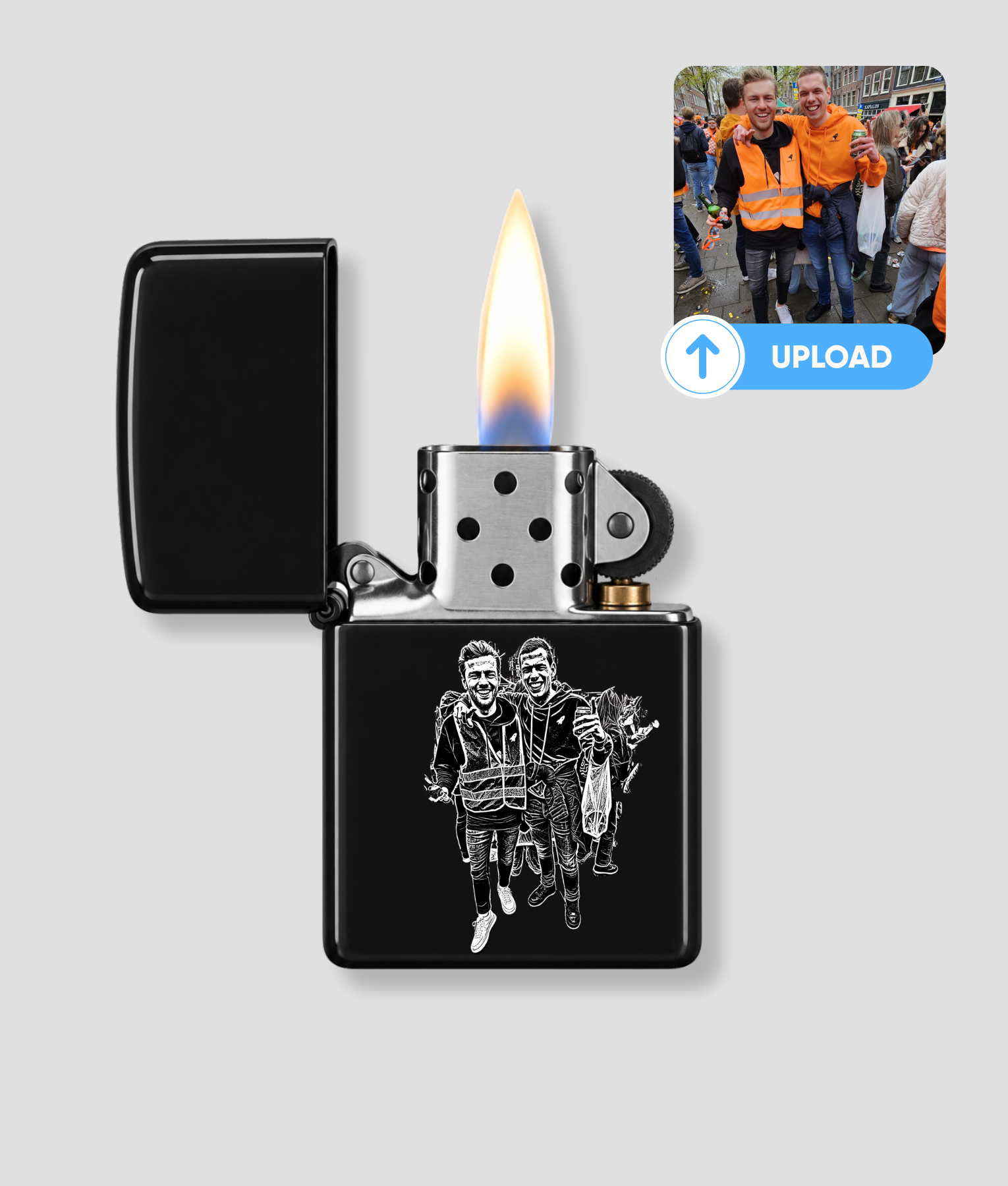 Eigen foto aansteker in zwart, metaal met gravering