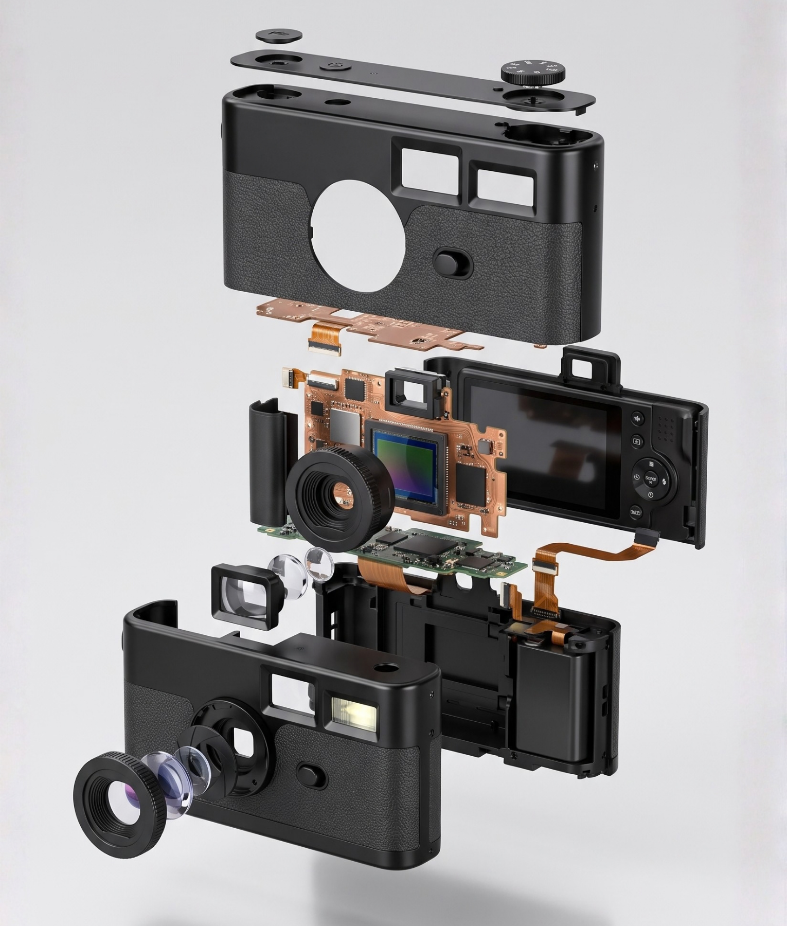 Binnenkant van de zwarte FestiSnap retro camera met sensor, lens en accu