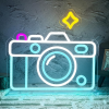 Fotocamera neon lamp, een fotocamera met een fonkeling in blauw en geel