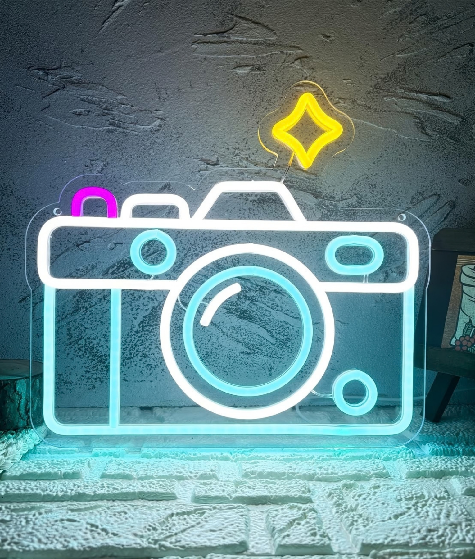 Fotocamera neon lamp, een fotocamera met een fonkeling in blauw en geel