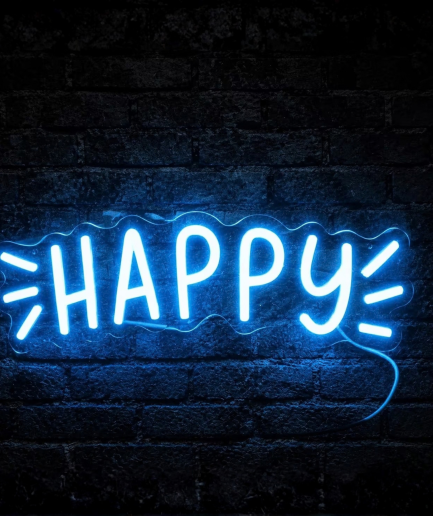 Happy blauw neon lamp, het woord Happy in blauw