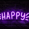 Happy paars neon lamp, het woord Happy in paars