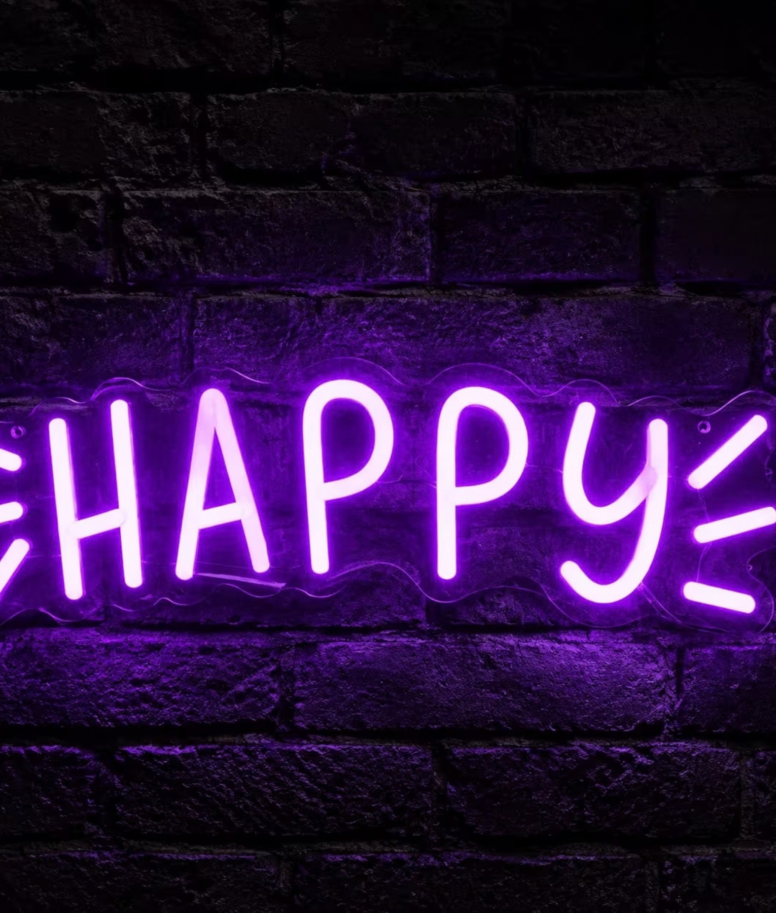 Happy paars neon lamp, het woord Happy in paars