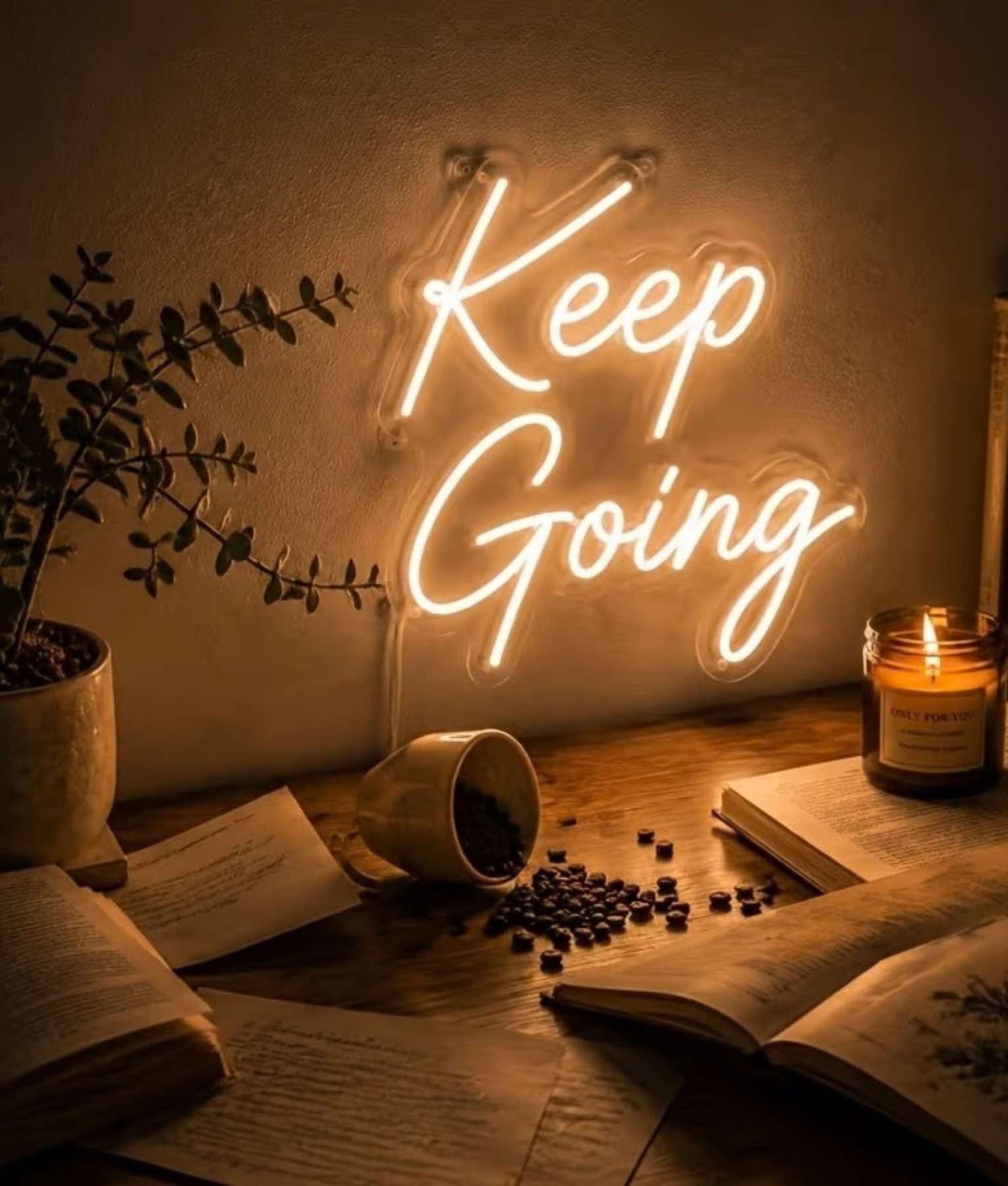 Keep Going warm wit neon lamp, de tekst Keep Going in warm wit