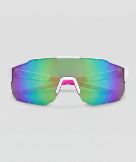 Pixeler, bril met roze en wit montuur en blauw en groen en paars glazen