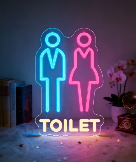 Toilet neon lamp, een toiletbordje met een man en een vrouw in blauw, roze en wit