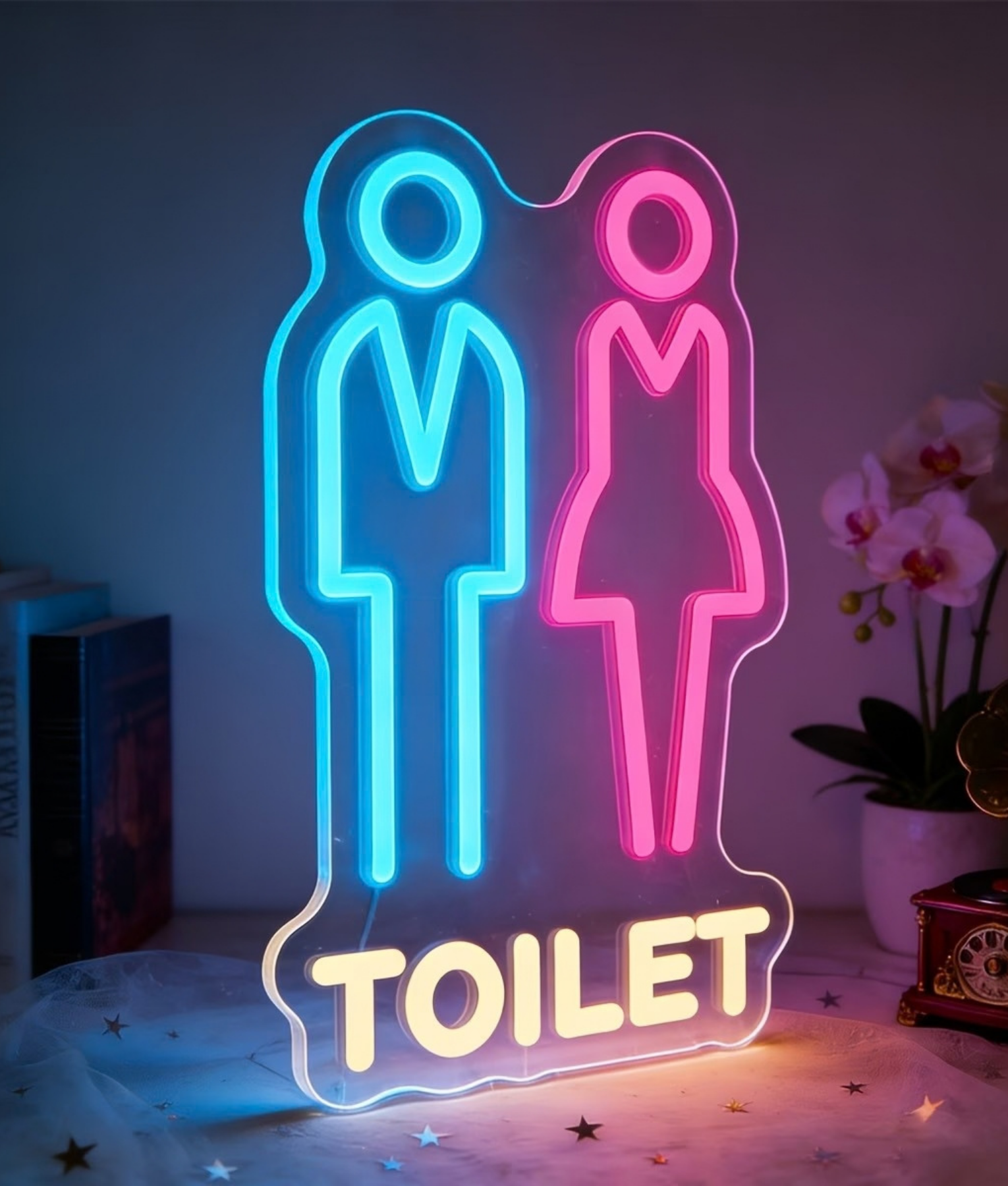 Toilet neon lamp, een toiletbordje met een man en een vrouw in blauw, roze en wit, sfeerfoto